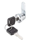 Cam Lock Set Of 4 With Five Eighth Inch Cylinder Length Fits Up To Five Sixteenth Inch Panel Thickness No 4 Cam Keyed Different Zinc Alloy Chrome Plated File Cabinet Locks showing key in lock
