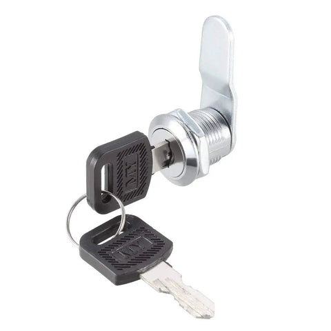 Cam Lock Set Of 4 With Five Eighth Inch Cylinder Length Fits Up To Five Sixteenth Inch Panel Thickness No 4 Cam Keyed Different Zinc Alloy Chrome Plated File Cabinet Locks showing key in lock
