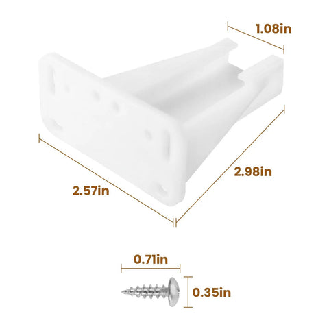 Smooth Sailing Kitchen Drawer Rail Bracket Replacement Set With Heavy Duty Nylon Side Track Brackets and Rear Backplate To Cure Janky Stuck Cabinet Slides In Crisp White Plastic, measuring 2.57in x 2.98in.