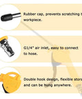 Diagram of High Volume Air Blow Gun With Slim Aluminum Alloy 10 Inch Nozzle features, including rubber cap, G1/4 air inlet, and double hook design.