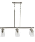 Six Light Industrial Linear Chandelier With Seedy Glass Diffusers in brushed nickel, Edison bulbs suggested, hardwired style shown.