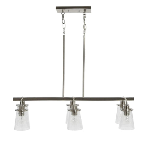 Six Light Industrial Linear Chandelier With Seedy Glass Diffusers in brushed nickel, Edison bulbs suggested, hardwired style shown.