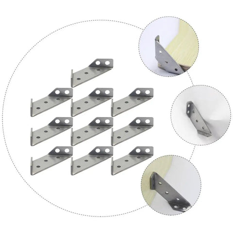 Image showing Beefy Trapezoid Corner Braces With Pre Drilled Countersunk Holes Stainless Steel 10 Pack, showcasing angles and installation.