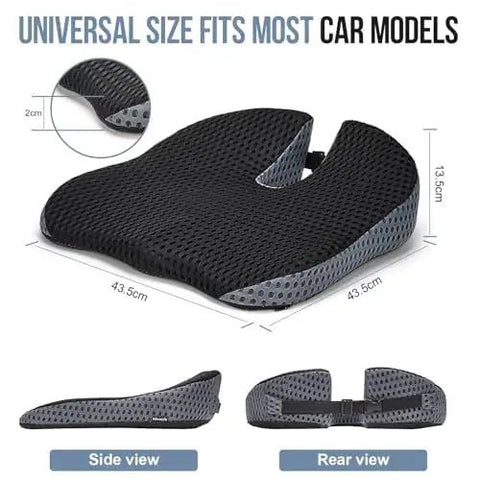 Ergonomic Wedge Seat Cushion For Tesla Cybertruck, 43.5 cm black mesh pad showing side and rear views for lumbar support.