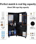 Interior view of a high capacity self serve coffee vending machine with storage for cups, beans, and water bottles for schools, hotels, offices.