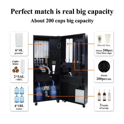 Interior view of a high capacity self serve coffee vending machine with storage for cups, beans, and water bottles for schools, hotels, offices.