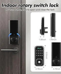 Top Tier Smart Keyless Entry Door Lock With Digital Keypad And Built In WiFi Deadbolt Features Voice App Control Plus Quick Snap Install And Ridiculously Long Battery Life, indoor rotary switch lock, dimensions shown.