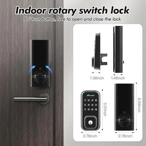 Top Tier Smart Keyless Entry Door Lock With Digital Keypad And Built In WiFi Deadbolt Features Voice App Control Plus Quick Snap Install And Ridiculously Long Battery Life, indoor rotary switch lock, dimensions shown.
