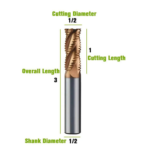 Carbide Roughing End Mill, Half Inch Cutting Diameter, Four Flute, Half Inch Shank, Three Inch Overall Length, TiN Coated