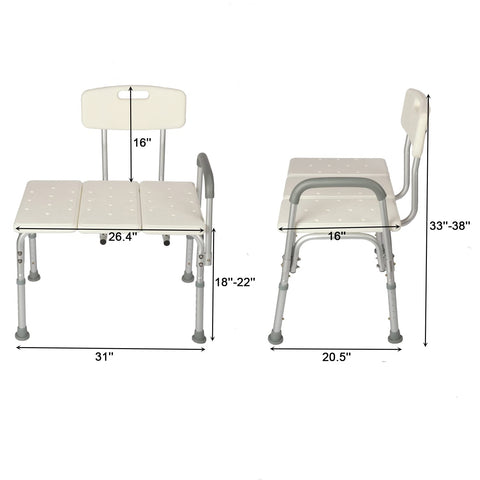 Front and side views of Tub Transfer Bench With Backrest For Bathtub Height Adjustable Shower Chair Safe Senior Bath Seat