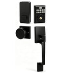 Top Shelf Keyless Entry Door Lock With Durable Handle Kit And Bright Backlit Keypad features a matte black smart deadbolt and knob.