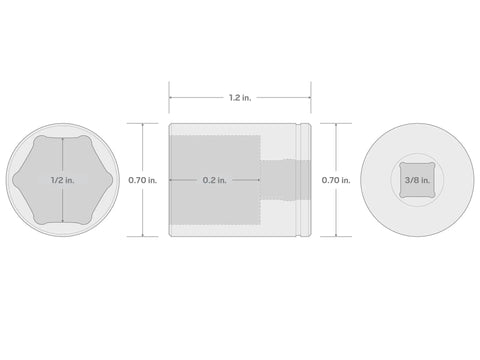Technical illustration of a 3/8 Inch Drive 1/2 Inch Shallow 6 Point Socket With Chrome Plated Exterior And Chrome Interior Finish, Large Stamped Markings For Quick Identification, Built Tough For Auto And Home Projects Pro Grade Socket with dimensions.