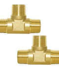 Brass Pipe Fitting Barstock Tee 3 Way NPT Half Inch Tee Pack Of Two For DIY Home Plumbing Projects, front view of brass tees.