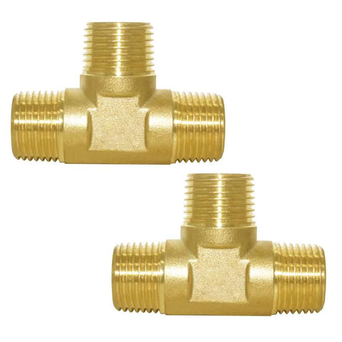 Brass Pipe Fitting Barstock Tee 3 Way NPT Half Inch Tee Pack Of Two For DIY Home Plumbing Projects, front view of brass tees.