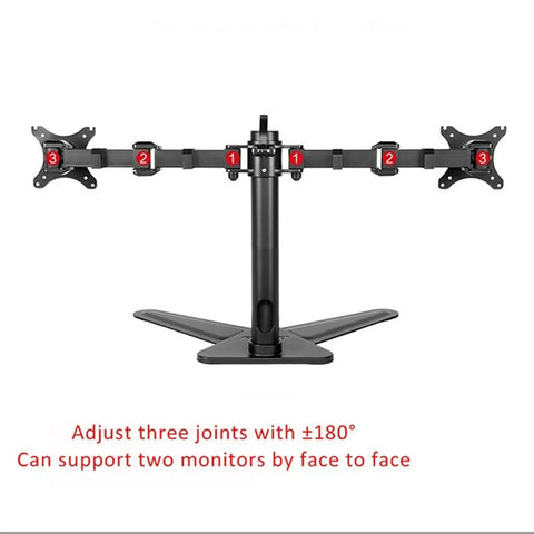 Heavy Hitter Dual Monitor Stand Free Standing Desk Mount For Two Screens Up To Thirty Inches featuring adjustable joint arms.