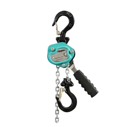 Heavy Duty Manual Lever Hoist Chain Block For Lifting Loads Up To 750kg with black hooks and blue gear for smooth operation.