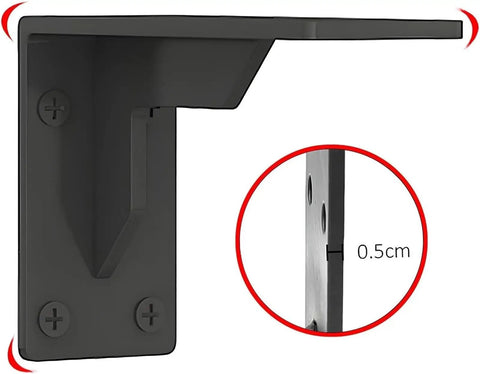 Close-up view of a Badass Black Industrial Floating Shelf Bracket Two Pack, showing thick steel construction and mounting holes.