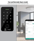 Smart WiFi Access Control Kit With IP68 Waterproof Fingerprint Keypad NC Latch Door Lock 125KHz RFID Fobs Exit Button And 12V 3A Power Supply For Tuya App, featuring touchscreen and app interface.