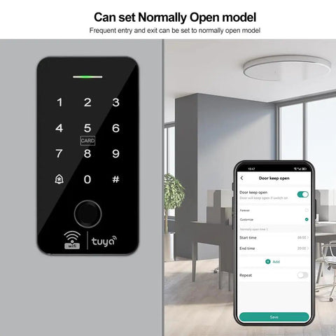 Smart WiFi Access Control Kit With IP68 Waterproof Fingerprint Keypad NC Latch Door Lock 125KHz RFID Fobs Exit Button And 12V 3A Power Supply For Tuya App, featuring touchscreen and app interface.
