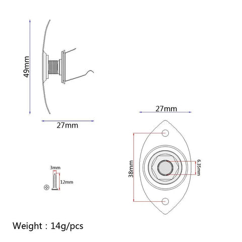 Top Notch Metal Oval Electric Guitar Jack Plate With Included Screws Fits Fender Strat And Tele Models For Super Crisp Tone And Hella Reliable Signal Transfer In Classic Gold dimensions diagram showing 49mm height and 38mm spacing.