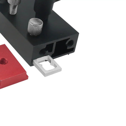 Get The Ultimate Saw Miter Track Stopper With Adjustable T-Slot Brackets For A Flawless Workbench Limit; close-up of aluminum pieces.