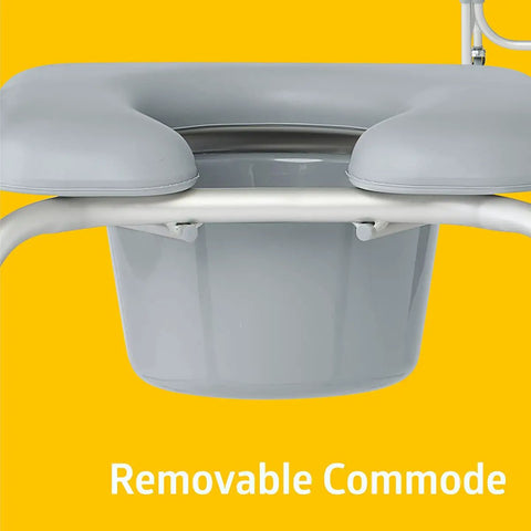 Rock Solid Aluminum Shower Chair Commode With Plush Padded Seat And Smooth Roll Locking Casters showing removable commode and cushion.