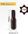 Heavy Duty T20 Torx Screwdriver Bits With Rock Solid Magnetic Security Heads And Snug 1/4 Inch Hex Shank Made From Top Shelf S2 Steel For A Dang Strong Hold On Every Fastener In This Sweet 24 Piece Bit Set, showing a single T20 bit with dimensions.