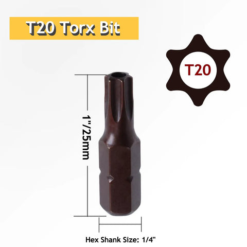 Heavy Duty T20 Torx Screwdriver Bits With Rock Solid Magnetic Security Heads And Snug 1/4 Inch Hex Shank Made From Top Shelf S2 Steel For A Dang Strong Hold On Every Fastener In This Sweet 24 Piece Bit Set, showing a single T20 bit with dimensions.