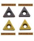 Four triangular carbide turning inserts with center holes for metal cutting; TCMT16T304/32.51 and TCMT16T308/32.52.