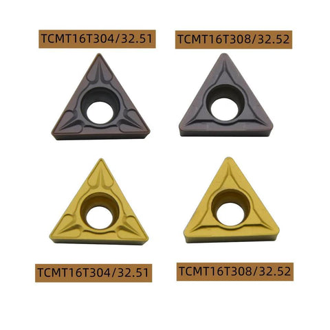 Four triangular carbide turning inserts with center holes for metal cutting; TCMT16T304/32.51 and TCMT16T308/32.52.