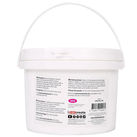 Side view of Premium Gesso Universal Primer 64oz for Canvas, Wood, Paper and More, bucket with label instructions and branding.