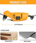 Side view of Three Eighths Inch Right Angle Drill 3.8 Amp Corded Power Drill with size dimensions and cutting depth details.