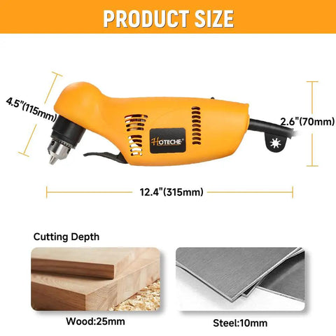 Side view of Three Eighths Inch Right Angle Drill 3.8 Amp Corded Power Drill with size dimensions and cutting depth details.