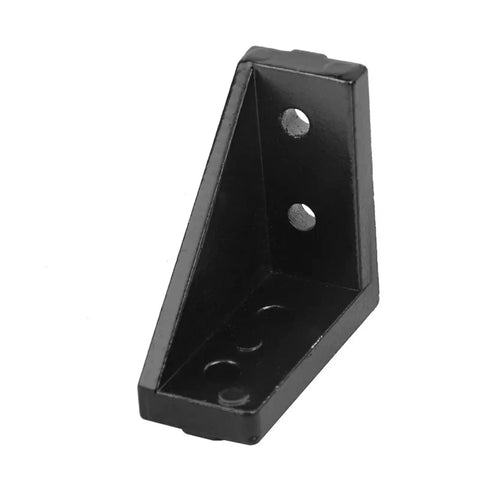 Black aluminum corner bracket from 10 Piece 2020 2040 Connector Kit With M4 Screws For 3D Printer Frames And CNC Rigs, 90-degree joint support.