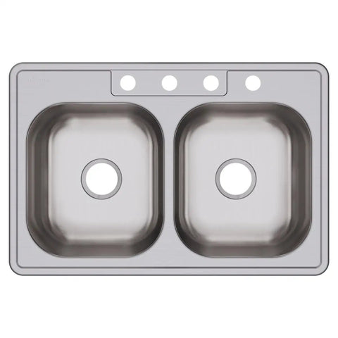 Drop In Stainless Steel Double Bowl Kitchen Sink With Four Holes, 33 Inch By 22 Inch, Equal Size Basins, Top View