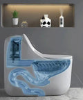 Modern Dual Flush Toilet Featuring Silent Vortex Flushing System And Soft Close Seat In Sleek Gold bathroom cutaway view showcasing inner flushing components.