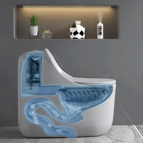 Modern Dual Flush Toilet Featuring Silent Vortex Flushing System And Soft Close Seat In Sleek Gold bathroom cutaway view showcasing inner flushing components.