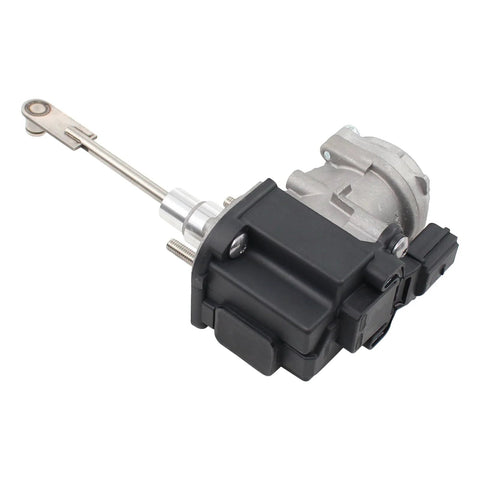 Side view of turbocharger actuator for 1.4TSI with black plastic housing, metal rod, electrical connector