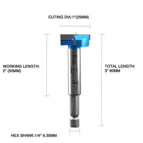 Heavy Duty Tungsten Carbide Forstner Bit Crushes Through Hardwood With Zero Splinters Butter Smooth One Inch Bore dimensions and hex shank details.