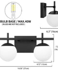 Two Light Black Vanity Light Fixtures With White Frosted Glass Globes Modern Mid Century Wall Sconces dimensions and bulb details