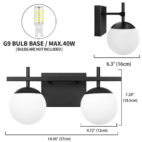 Two Light Black Vanity Light Fixtures With White Frosted Glass Globes Modern Mid Century Wall Sconces dimensions and bulb details
