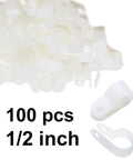 100 Pack Half Inch P Style Rope Light Clips With Stainless Steel Screws For Outdoor Use Complete Heavy Duty Kit Of Wire Clamp Mounting Clips Great For Outdoor Lighting Projects, DIY Home Decor And Seasonal Events, showing white clips and text.