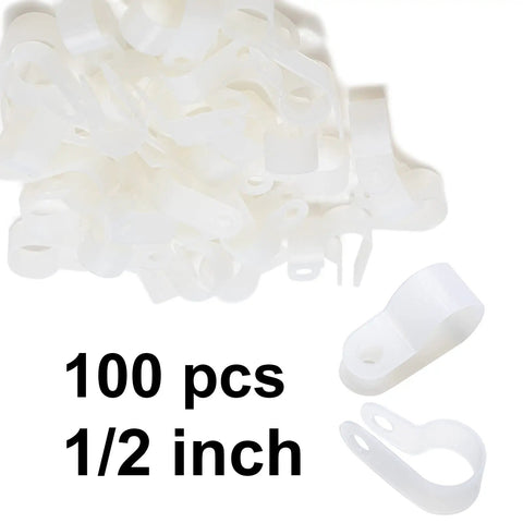 100 Pack Half Inch P Style Rope Light Clips With Stainless Steel Screws For Outdoor Use Complete Heavy Duty Kit Of Wire Clamp Mounting Clips Great For Outdoor Lighting Projects, DIY Home Decor And Seasonal Events, showing white clips and text.