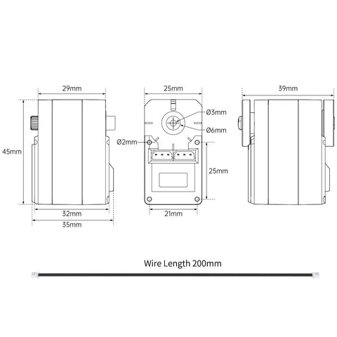 Technical drawing of Six Pack 30Kg High Torque Serial Bus Servo Motors 12V With 360 Degree Continuous Rotation, dimensions shown.