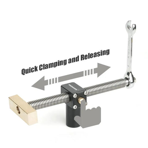 All Metal Bench Dog Clamp With Three Quarter Inch Quick Release Mechanism For Woodworking Mft Table And Workshops Heavy Duty Ratcheting Design two pack shown from side, showcasing quick release mechanism.
