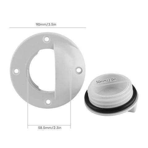 Marine Drain Valve For Transoms And Scuppers With Water Leakage Seal shown with dimensions and sealing cap.