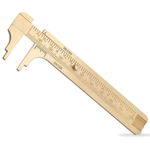 Pocket Brass Vernier Caliper With Double Scale Sliding Gauge Bead Measuring Tool Mini Gold Ruler 100mm Millimeter Gauge For Jewelry Making And Handy Quick Precise Measurements On The Go, visible against a plain background.