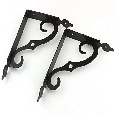 Heavy Gauge Metal Shelf Brackets L Shape Corner Braces Two Pack 240 Millimeter thick steel wall mounts with decorative design.