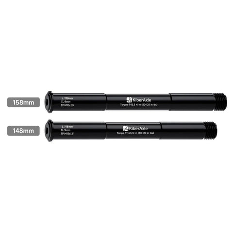 Thru Axle 15mm X 110mm For RockShox Forks Aluminum Alloy Hub Adapter shown in 158mm and 148mm lengths with black finish