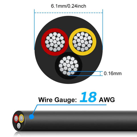 Cross section of 22 Gauge 3 Conductor Low Voltage Wire 50 Ft PVC Stranded LED Cable Flexible Extension Cord With Tinned Copper Hookup Wire No Fuss Super Flexible Direct Burial Ready Sun Resistant Flame Retardant High Conductivity Low Resistance